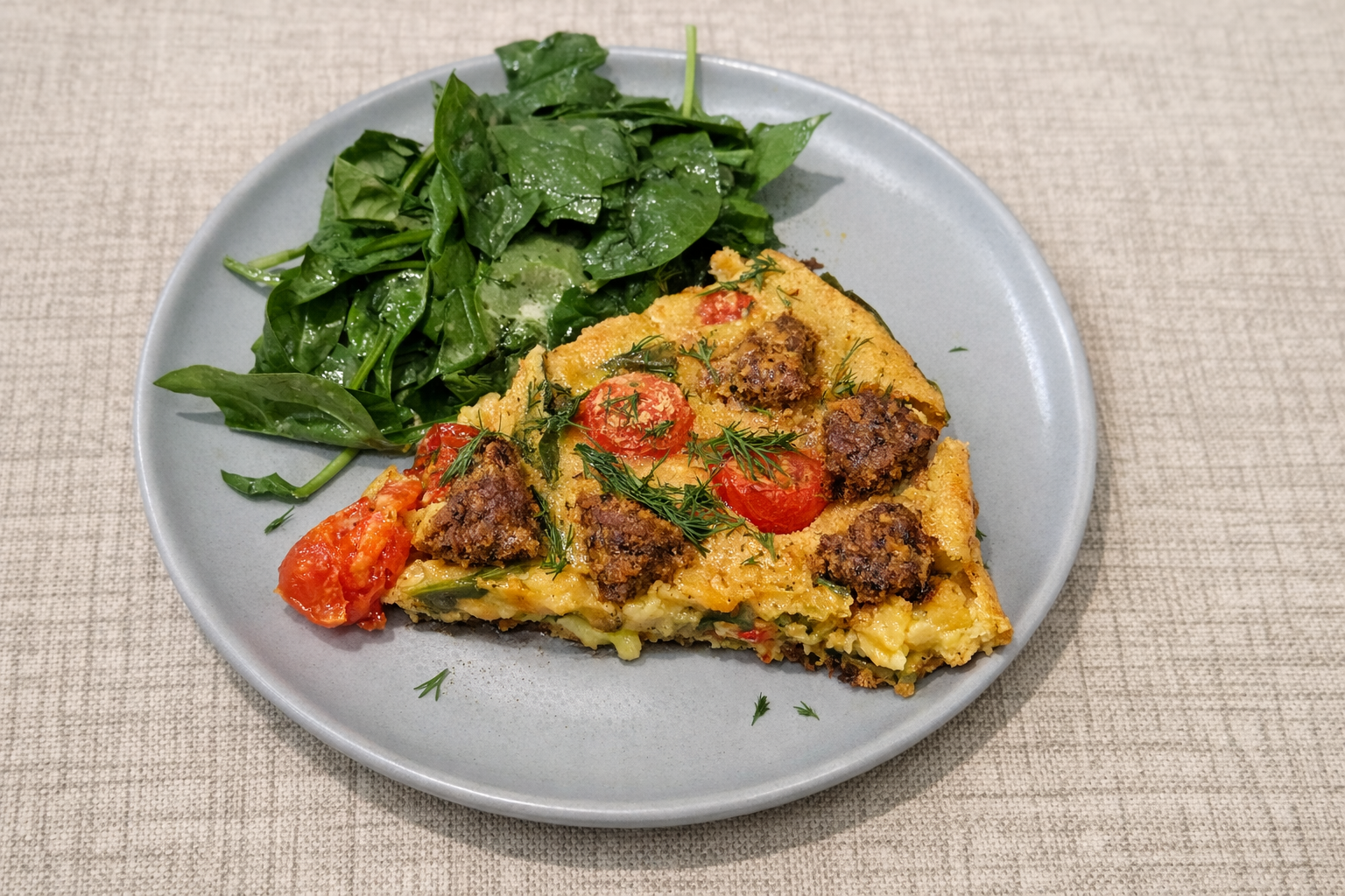 Vegan Chickpea Quiche with Veggie Sausage & Tomatoes