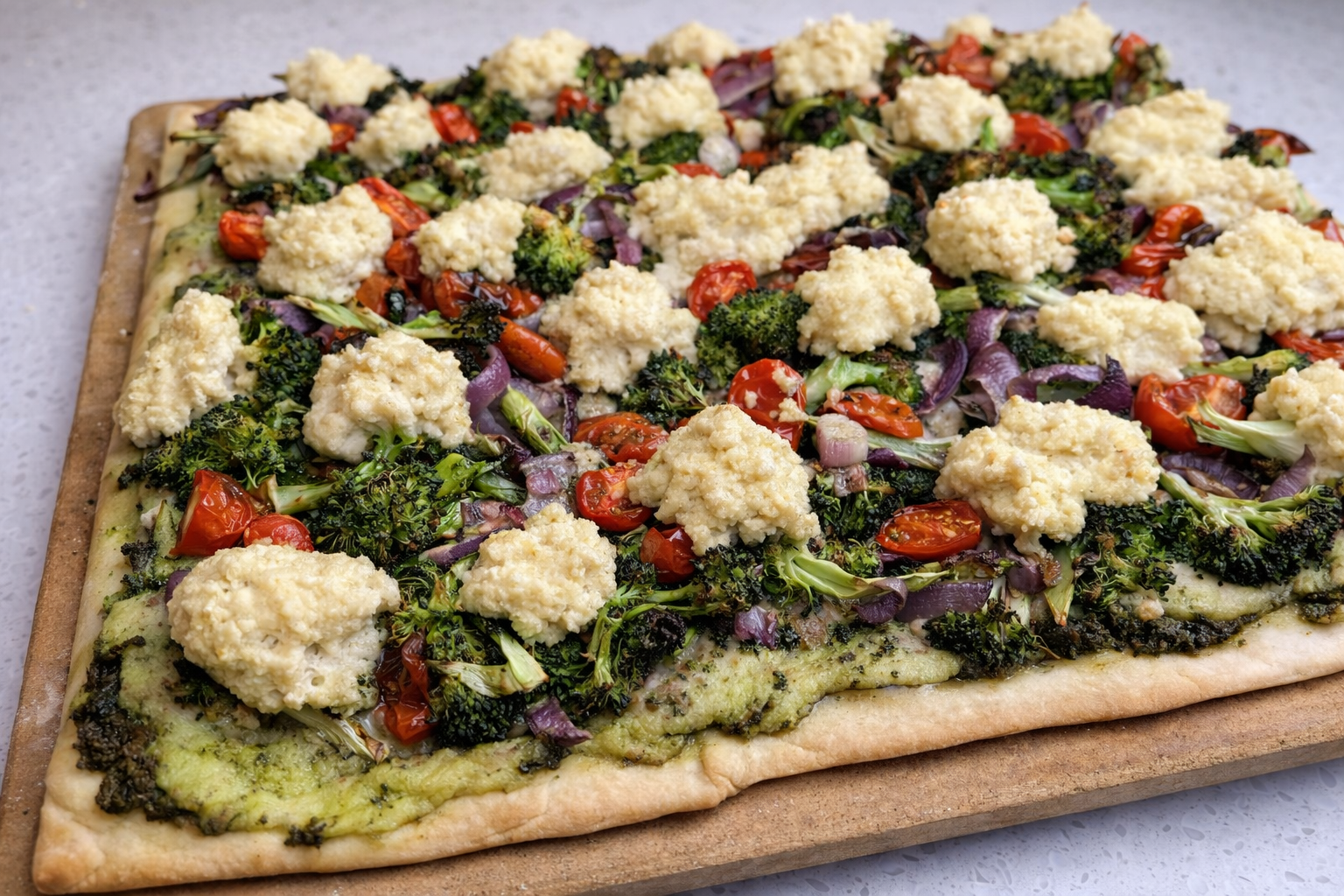 Roasted Vegetable Flatbread with Pesto and Almond Ricotta