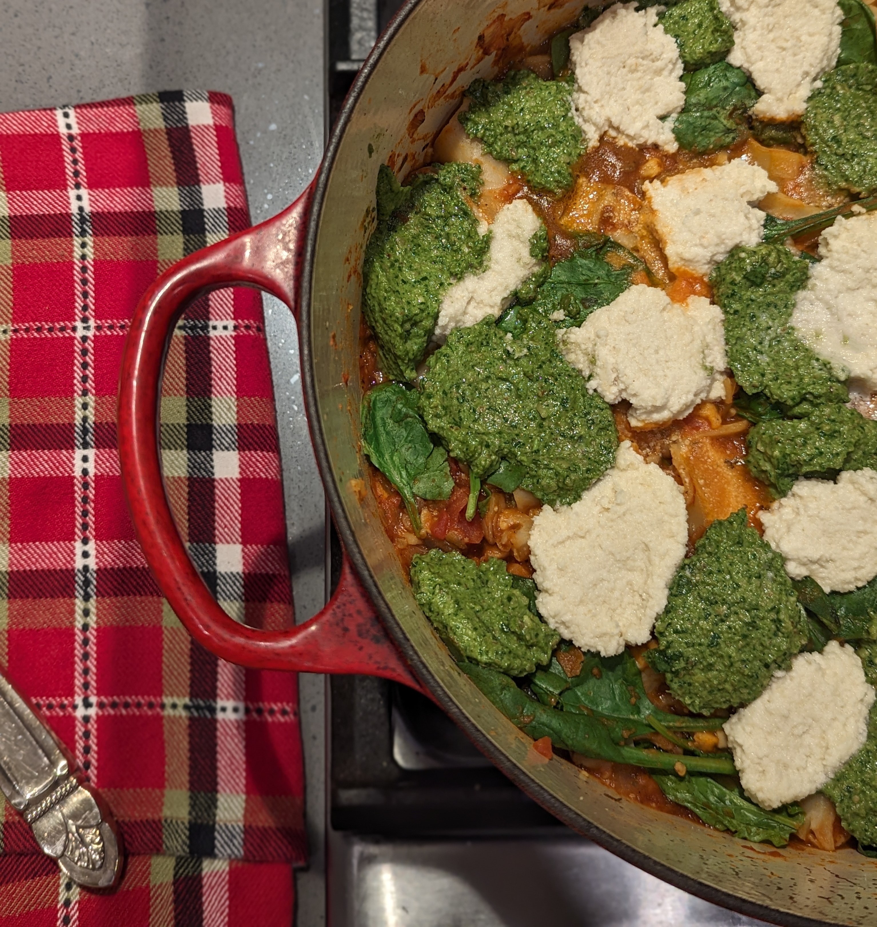 Stovetop 'Lasagna' with Almond Ricotta & Spinach Pesto