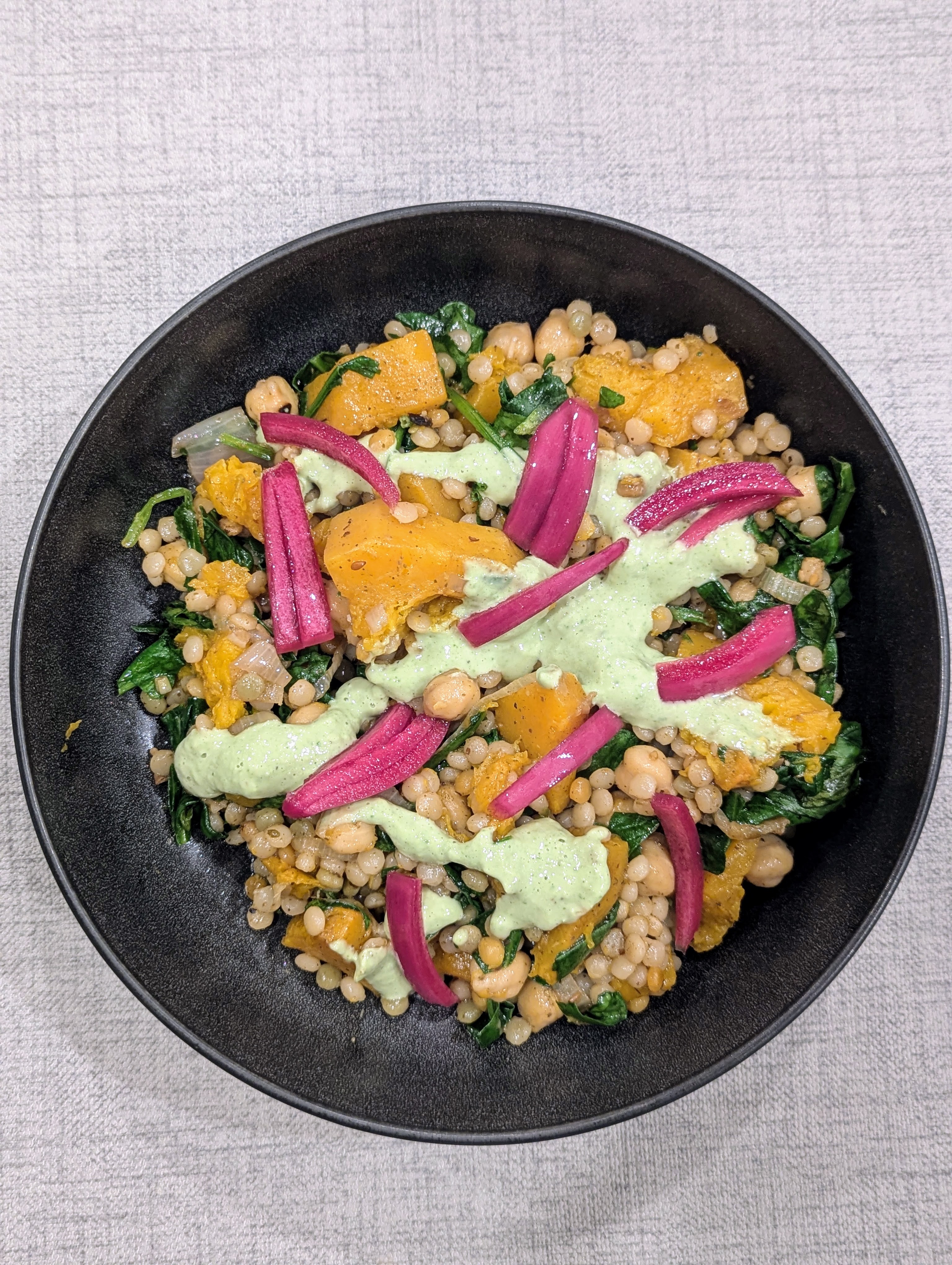 Butternut Squash Bake with Zaatar Couscous and Basil Tahini