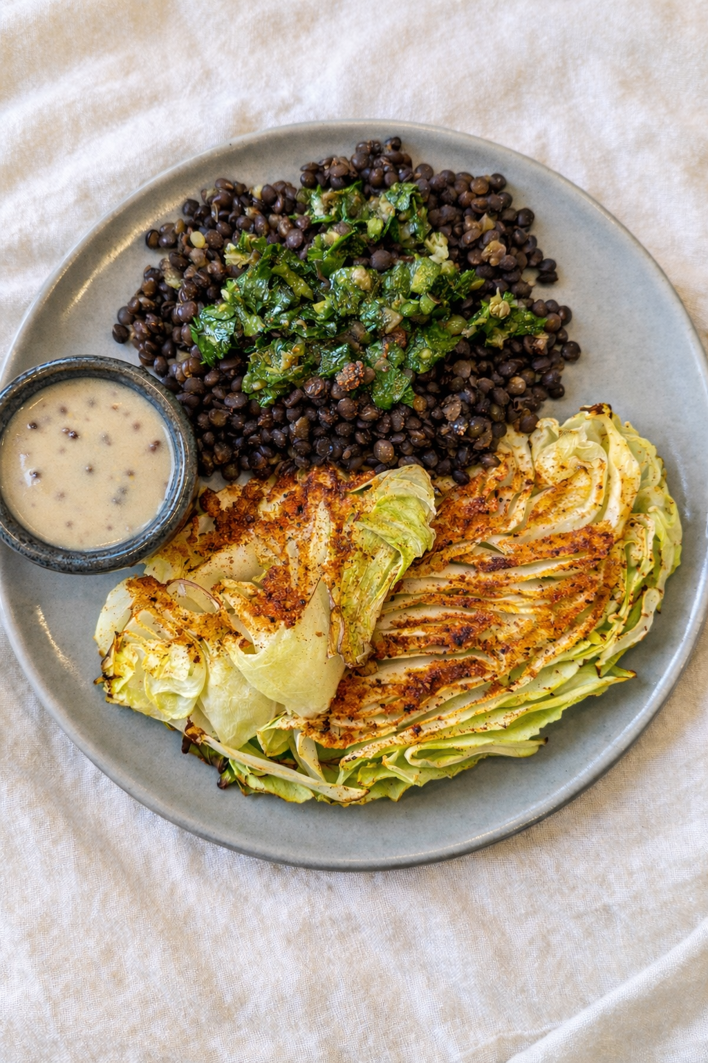 Roasted Cabbage Steaks with Chimichurri Lentils